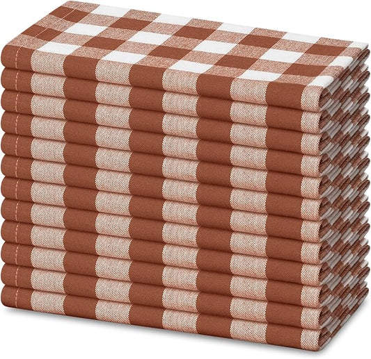 Blue Needles Gingham Buffalo Plaid Cloth Napkins 100% Cotton Set of 12 Dinner Table Napkins 18x18 inch Soft, Reusable, Washable, Ideal for Wedding Parties & Everyday Use - Nut Brown & White
