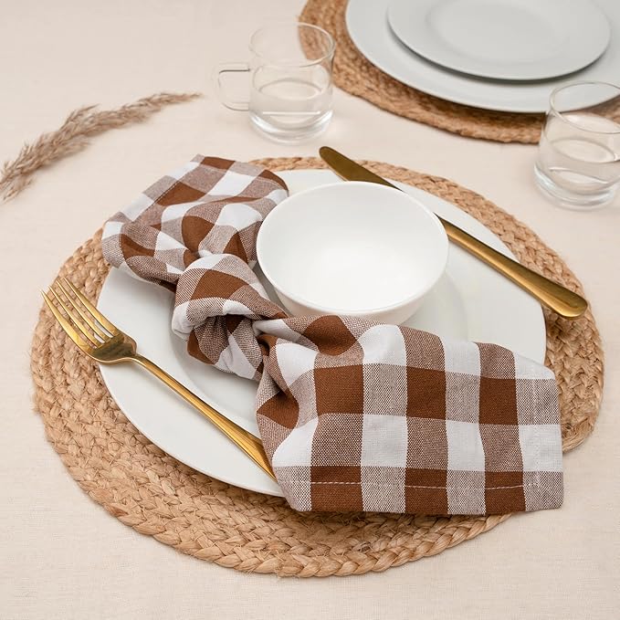 Blue Needles Gingham Buffalo Plaid Cloth Napkins 100% Cotton Set of 12 Dinner Table Napkins 18x18 inch Soft, Reusable, Washable, Ideal for Wedding Parties & Everyday Use - Nut Brown & White