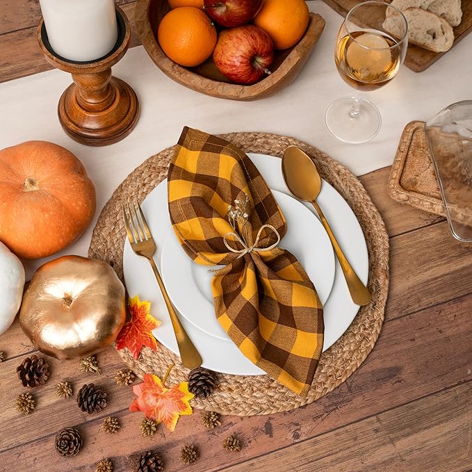 Blue Needles Gingham Buffalo Plaid Cloth Napkins 100% Cotton Set of 12 Dinner Table Napkins 18x18 inch Soft, Reusable, Washable for Wedding Parties & Everyday Use - Golden Yellow & Nut Brown