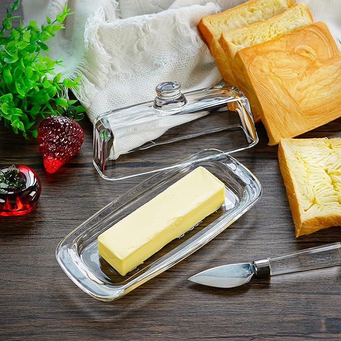 8'' Art Glass Butter Dish with Lid,Classic Covered 2-Piece Butter Container For Countertop,Multi-Purpose Preserving Serving Dessert Tray Bowl,Dishwasher Safe
