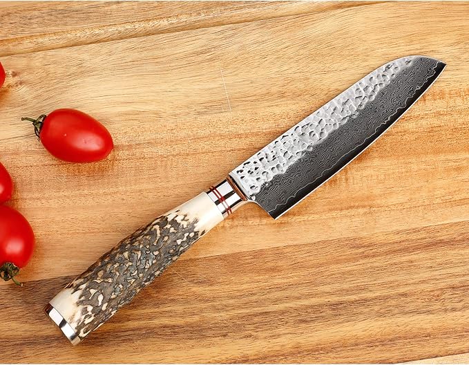 SUNLONG Santoku Knives 5 inch Japanese Hammered Damascus Natural Antlers Handle