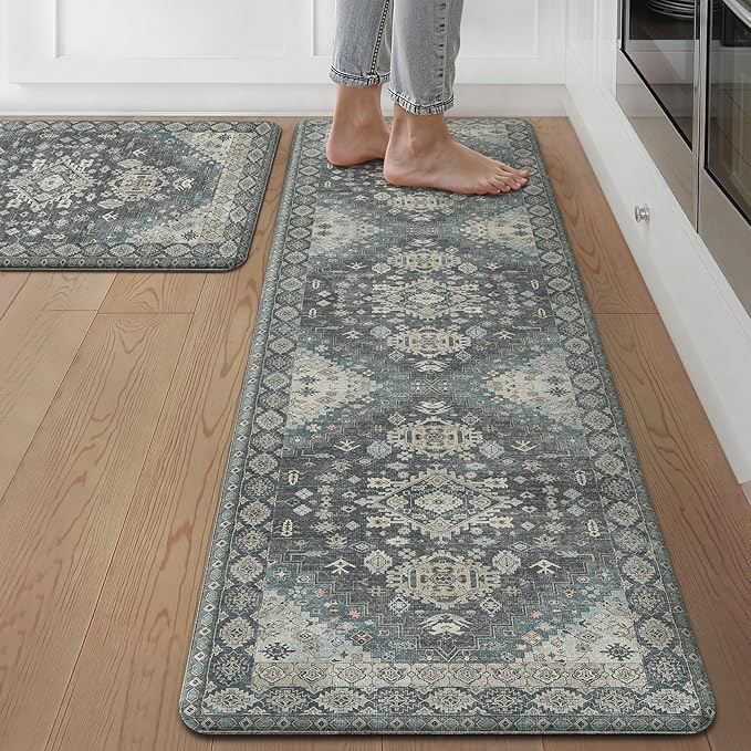 GENIMO Kitchen Mats for Floor, 2PCS Kitchen Rugs Non Slip Washable, Waterproof Anti Fatigue Mat, Comfort Standing Runner Rug for Sink, Office, Laundry, Home, 17.3"x59"+17.3"x30", Blue Grey