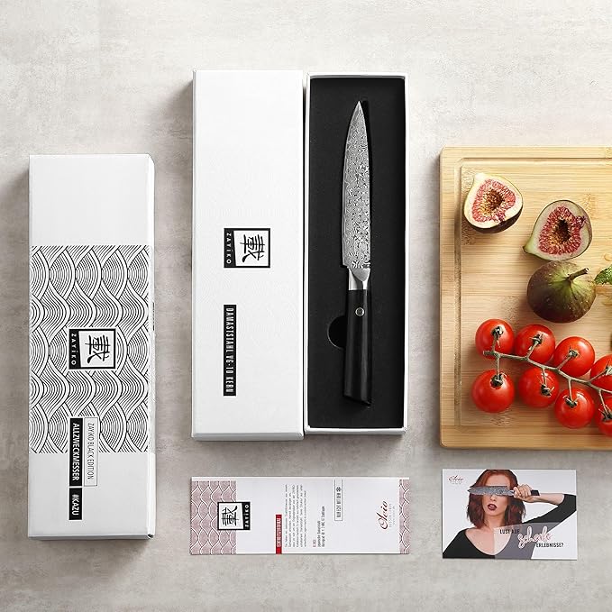 zayiko Black Edition Damascus Utility knife 5-inch blade extremely sharp from 67 layers I Damascus kitchen knives and professional chef's knives made of genuine Japanese Damascus with Pakka wood