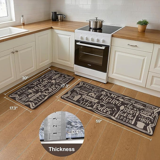 GENIMO Kitchen Mats for Floor 2PCs, Washable Anti Fatigue Mat for Cushioned, 17.3"x59"+17.3"x30", Waterproof Kitchen Rugs, Non Slip Comfort Standing Mat Rug for Sink, Laundry, Home, Coffee