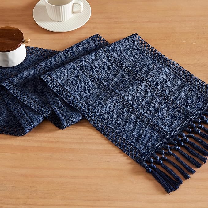 ZeeMart Macrame Style Boho Table Runner, Navy Table Runners 36 Inches Long, Farmhouse Woven Home Decor, 12x36 Inch, Navy Blue