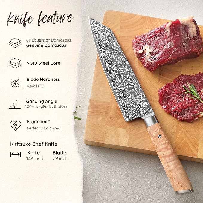 zayiko Kinone Kiritsuke Chef Knife – 7.9-Inch Damascus Kitchen Knife | 67 Layers Steel with VG10 Core | Ergonomic Birch Root Wood Handle | Professional Cooking Tool in Gift Box
