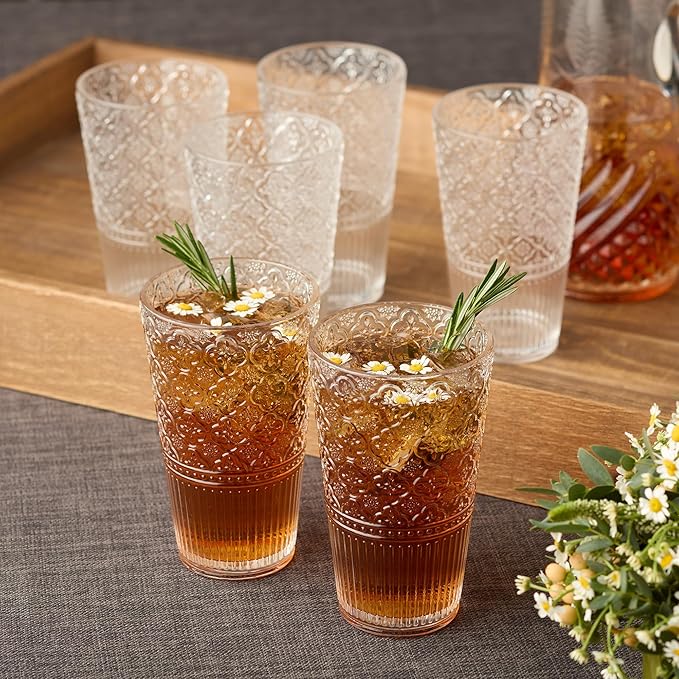 Victoria Clear Set of 6 Premium Acrylic Ice Tea Glass 22 oz – Unbreakable Glassware with Elegant Embossed Design, Dishwasher Safe for Indoor & Outdoor Use