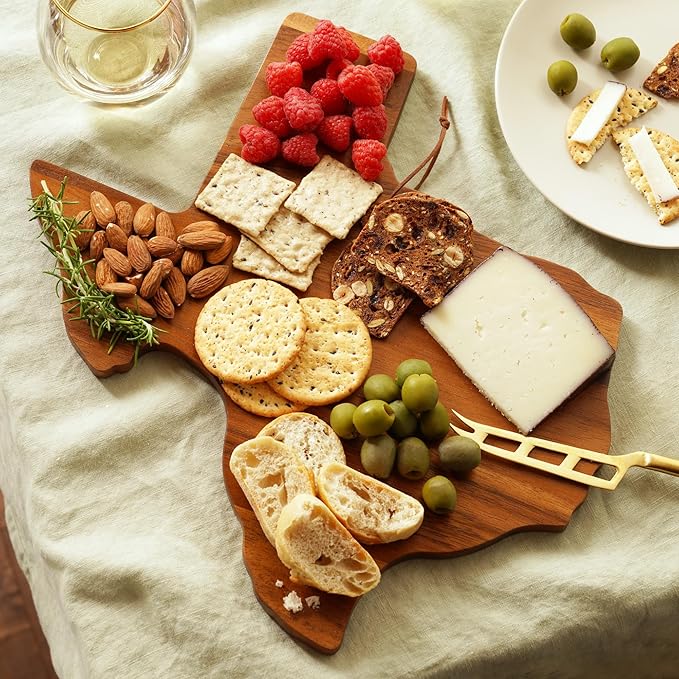 Twine Living Texas-Shaped Acacia Wood Cheese Board - Durable Cheese, Charcuterie and Serving Platter with Hanging Loop, Perfect for Entertaining and Kitchen Décor, Texas Cutting Board, Set of 1