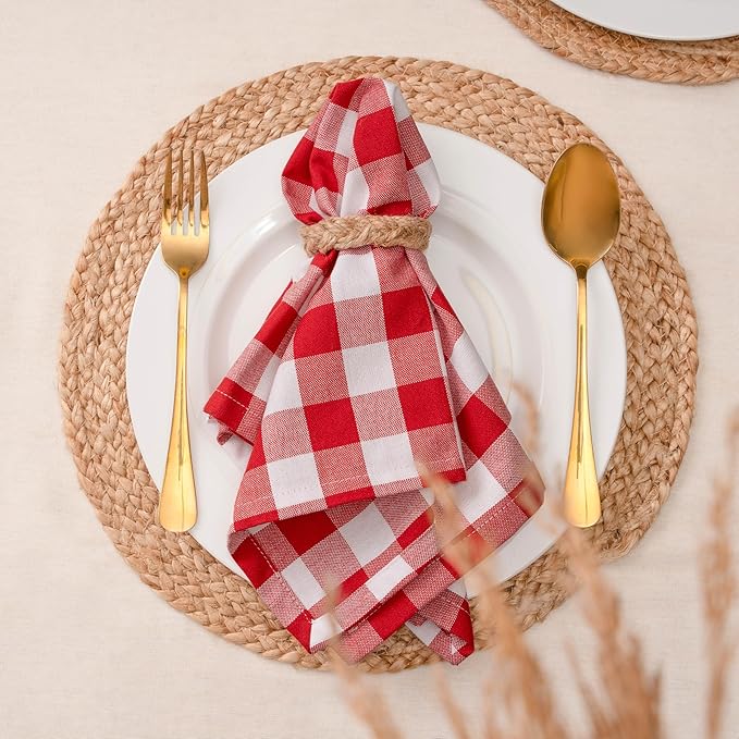 Blue Needles Gingham Buffalo Plaid Cloth Napkins 100% Cotton Set of 12 Dinner Table Napkins 18x18 inch Soft, Reusable, Washable Perfect for Valentine's Day Parties & Everyday Use - Red & White
