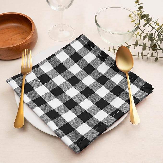Blue Needles Gingham Buffalo Plaid Cloth Napkins 100% Cotton Set of 12 Dinner Table Napkins 18x18 inch Soft, Reusable, Washable Perfect for Wedding Parties & Everyday Use - Black and White