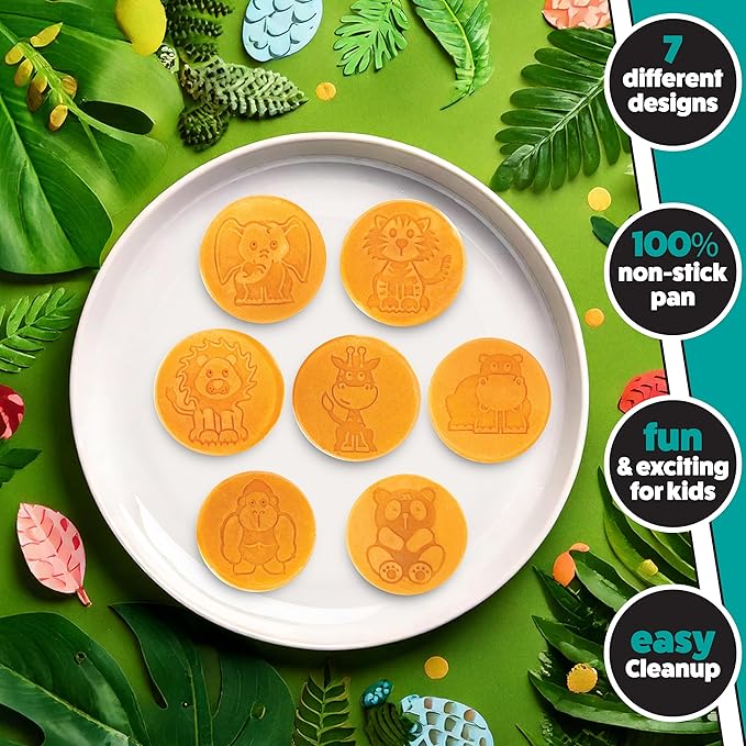 Animal Mini Pancake Pan- Make 7 Unique Flapjack Zoo Animals, Includes Elephant, Giraffe and More- Nonstick Pan Cake Maker Griddle for Morning Breakfast Fun & Easy Cleanup- Easter Basket Stuffer Gift