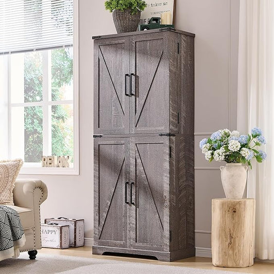 ACCOHOHO 72" Tall Kitchen Pantry, Farmhouse Storage Cabinet with Barn Doors, Organizer, Drawer and Adjustable Shelves, Rustic Wood Cupboard for Kitchen, Dining Room, Bathroom and Hallway, Rustic Grey