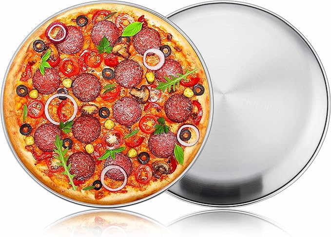 Herogo 12 Inch Stainless Steel Round Pizza Pan Plates Set of 2, Large Healthy Pizza Tray Platter for Oven Baking Serving, Dishwasher Safe