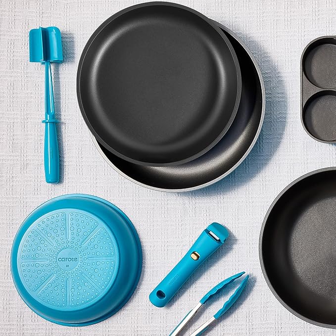 CAROTE 21pcs Pots and Pans Set, Nonstick Cookware Set Detachable Handle, Induction Kitchen Cookware Sets Non Stick with Removable Handle, RV Cookware Set, Peacock Blue