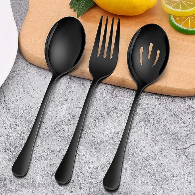 Homikit Large Black Serving Spoons Forks Set of 6, Stainless Steel Serving Utensils for Catering Buffet Banquet Party Kitchen Restaurant, 9.8 Inch Big Metal Hostess Set, Dishwasher Safe