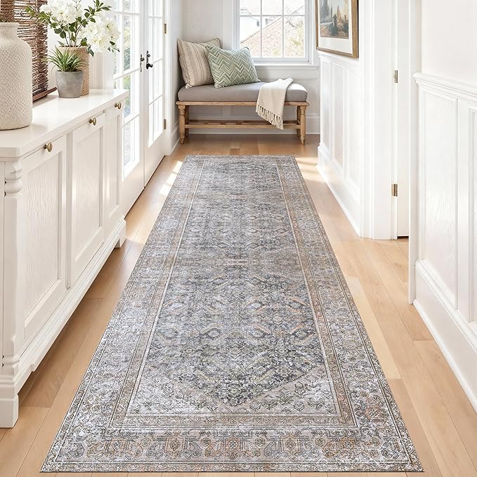 Kuden 2'6"x10 Runner Rug, Machine Washable Area Rug with Non-Slip Backing, Vintage Style, Soft, Easy Clean, Low Pile Rug for Hallway, Entryway, Kitchen, Bedroom