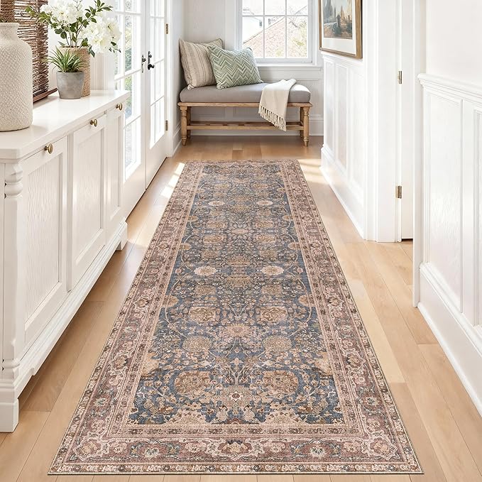 Kuden 2'6"x7' Runner Rug, Machine Washable Area Rug with Non-Slip Backing, Vintage Style, Soft, Easy Clean, Low Pile Rug for Hallway, Entryway, Kitchen, Bedroom
