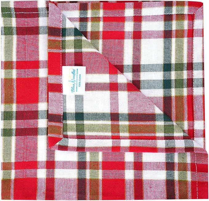 Blue Needles Gingham Buffalo Plaid Cloth Napkins 100% Cotton Set of 12 Dinner Table Napkins 18x18 inch Soft, Reusable, Washable Perfect for Valentine's Day Parties & Everyday Use - Gold, Red & Green
