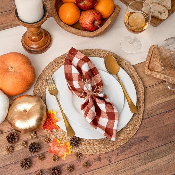 Blue Needles Gingham Buffalo Plaid Cloth Napkins 100% Cotton Set of 12 Dinner Table Napkins 18x18 inch Soft, Reusable, Washable Perfect for Wedding Parties & Everyday Use- Rust and Ivory