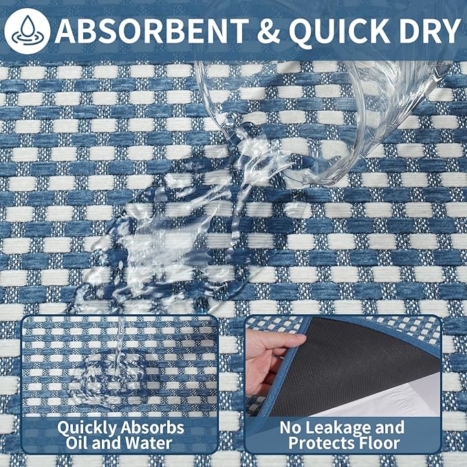 Kitchen Mat Kitchen Rugs Sets of 2 PCS Non Slip Washable, Super Absorbent Soft Braided Kitchen Mats for Floor, Rubber Backing Comfort Standing Kitchen Sink Mat Runner Rug, Blue 17"x28"+17"x59"