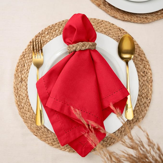 Blue Needles Set of 12 Hemstitch Linen Napkins 100% Cotton Red Cloth Dinner Napkins 18x18 inches, Soft, Reusable, Absorbent, Washable, Ideal for Valentine's Day Events, Parties & Everyday Use