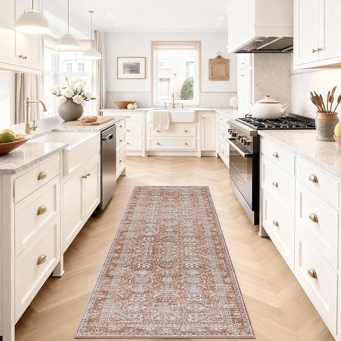 Kuden 2'6"x7' Runner Rug, Machine Washable Area Rug with Non-Slip Backing, Vintage Style, Soft, Easy Clean, Low Pile Rug for Hallway, Entryway, Kitchen, Bedroom