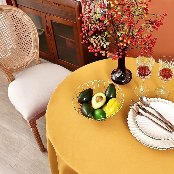 MEANMOY Gold 210 GSM Water & Stain Resistant Round Tablecloth for Circle Table - Solid 120 Inch Table Cloth Cover in Wrinkle Free Durable Washable Polyester Fabric for Wedding, Party, Banquet