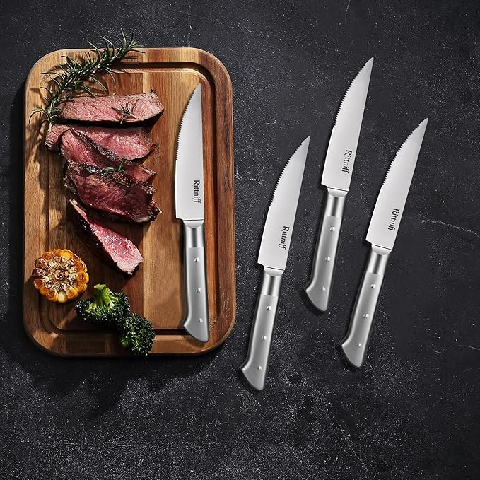 Forged Steak Knives Set of 4, Full-Tang Serrated German Steel, Dishwasher-Safe Luxury Gift Box, Sharp 1.2" Wide Handle Non-Slip, Ultimate Housewarming & Wedding Steak Knife Set