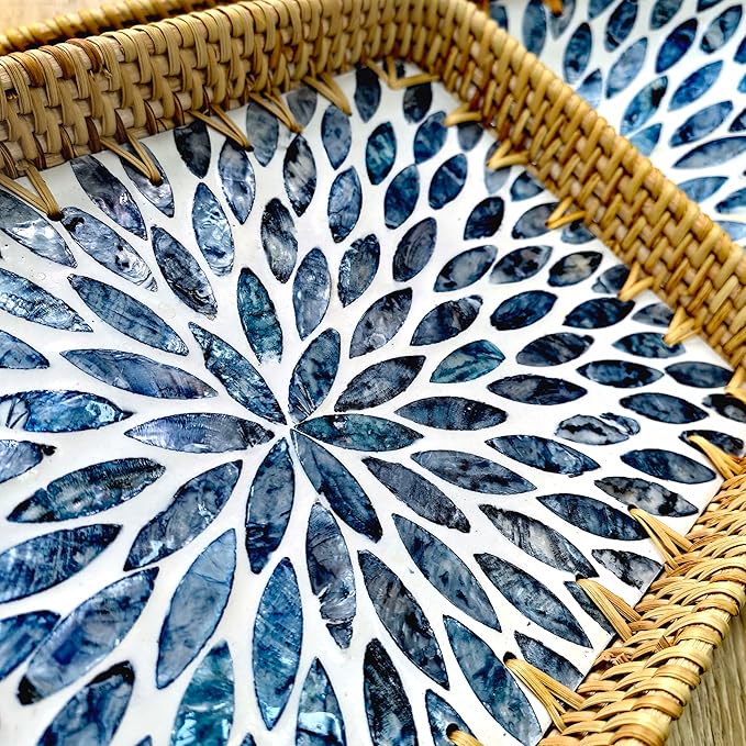 Boho Decorative Serving Trays Set of 2, Wicker Rectangle Trays with Mother of Pearl Inlay for Counter Top, Coffee Table Decor, Farmhouse Vanity Tray and Home Organization