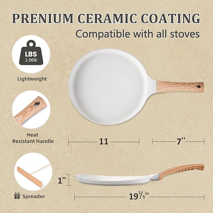 AOSION Crepe Pan11 inch Nonstick Dosa Tawa Pan,Ceramic Crepe Pan,Tortilla Pan for Pancake Omelette Steak Frying Egg with Ergonmic Handle,For All Stoves