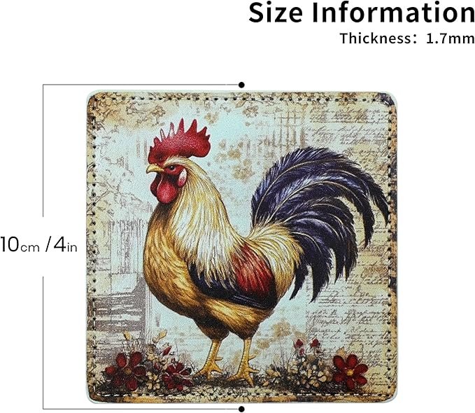 Rooster Coasters Square Leather Drinks Coaster Set with Holder for Coffee Table Bar Home Decor 4 Inches Set of 6