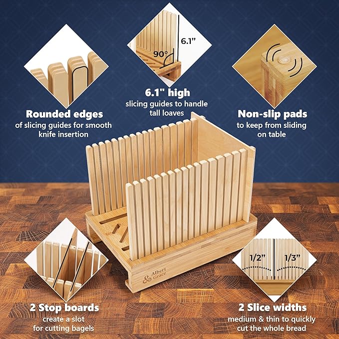 Albert & Grace Adjustable Bread Slicer – Premium Cross-Laminated Bamboo, High 6.1” Guides, 3 Width Settings, 2 Slice Thicknesses – Folds Flat – Perfect for Sourdough, Homemade Loaves & Bagels