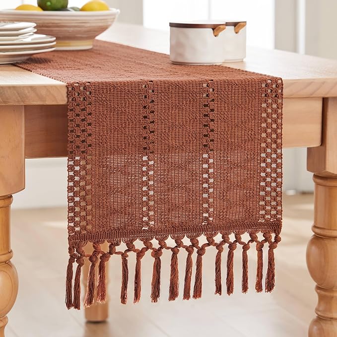 ZeeMart Macrame Style Boho Table Runner, Terracotta Table Runners 60 Inches Long, Farmhouse Woven Home Decor, 12x60 Inch, Terracotta