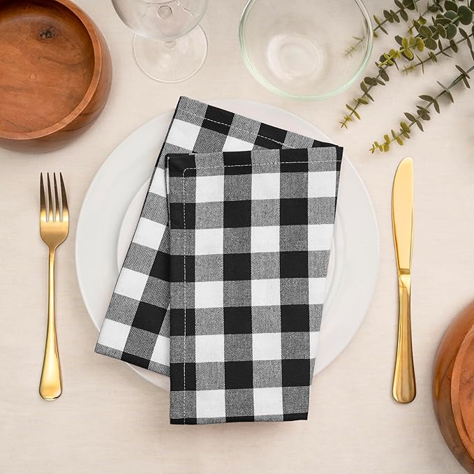 Blue Needles Gingham Buffalo Plaid Cloth Napkins 100% Cotton Set of 12 Dinner Table Napkins 18x18 inch Soft, Reusable, Washable Perfect for Wedding Parties & Everyday Use - Black and White
