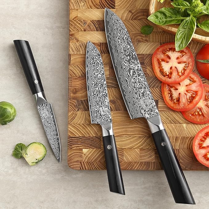 zayiko Black Edition 3-pc Damascus knife set, blades 3.3 to 7-inch in length - extremely sharp from 67 layers of genuine Japanese damascus steel with Pakkawood handles, chef's knife set