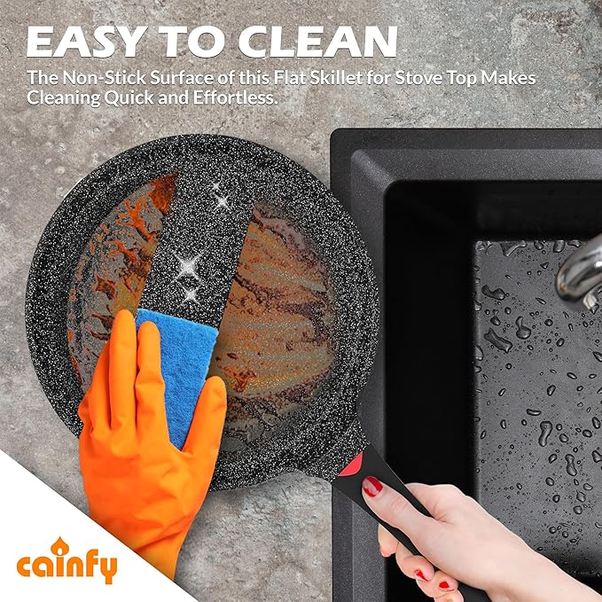 CAINFY Non Stick 11 Inch Granite Coated Crepe Pan - Lightweight 4.27 Quart Dosa Pan with Comfort Stay Cool Grip Handle - Induction Compatible PFOA Free Tortilla Cookware (Black)