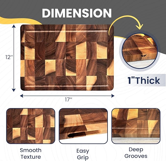 QUELLUXE Walnut Wood End Grain Cutting Board for Kitchen with Juice Groove, Inner Handles, Heavy-Duty Butcher Block, Wooden Chopping Board, Charcuterie Boards 17" x 12" x 1" (17" x 12" x 1")