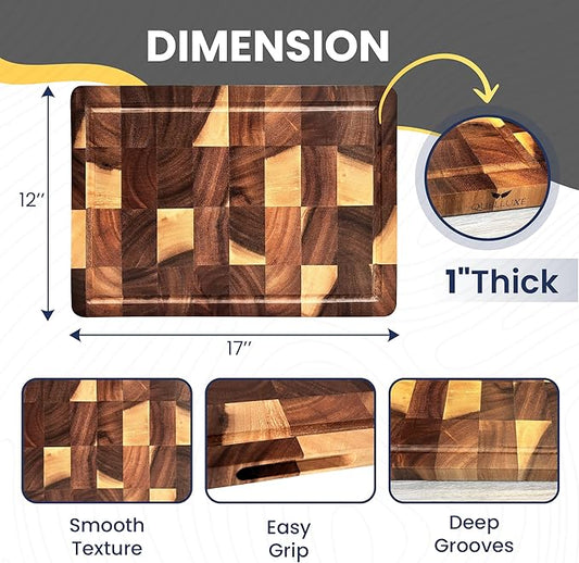 QUELLUXE Walnut Wood End Grain Cutting Board for Kitchen with Juice Groove, Inner Handles, Heavy-Duty Butcher Block, Wooden Chopping Board, Charcuterie Boards 17" x 12" x 1" (17" x 12" x 1")