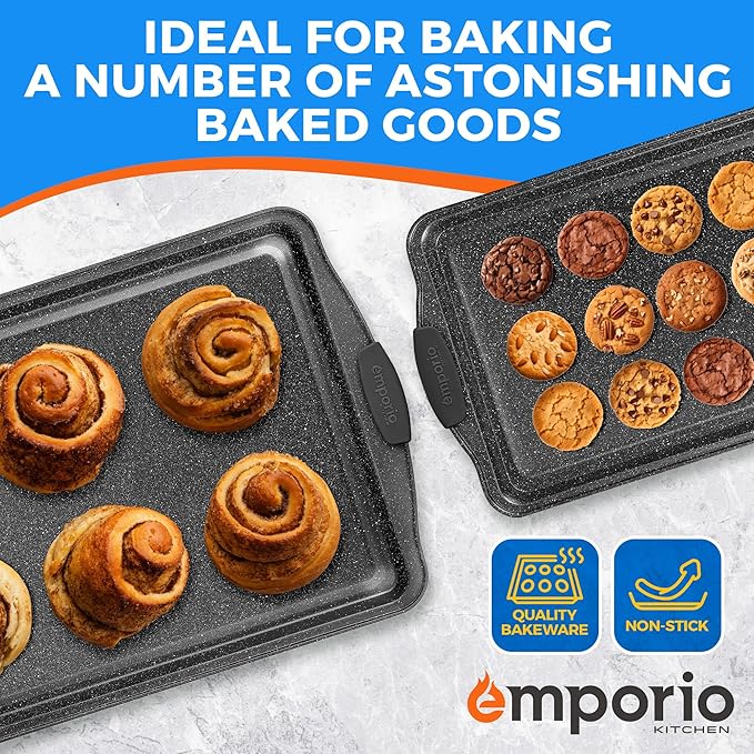 Emporio Kitchen Baking Pan Set - Nonstick Coating, Carbon Steel Bakeware Sets with Gray Silicone Handles, PFOA, PFOS, PTFE Free, Recipe Booklet Included, Oven Safe Tray (Up To 450° F), Set of 3 - Gray