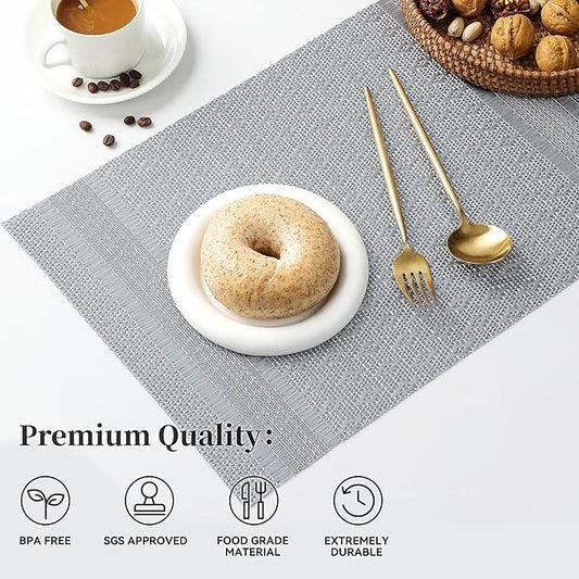 Leetaltree Lunar Grey Placemats Set of 6 - Heat Resistant Non-Slip Place mats for Dining Table, Washable Durable PVC Vinyl Woven Table Mats（Lunar Grey, 6）
