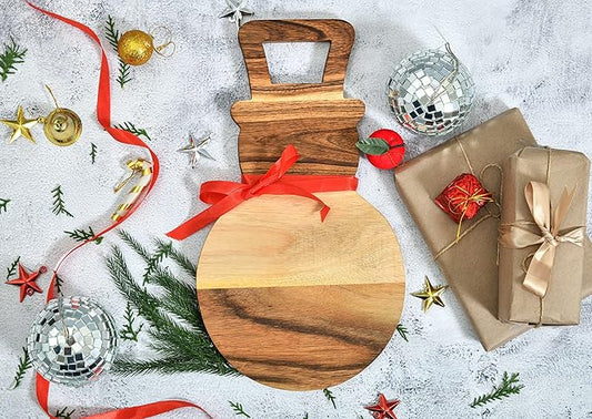 Treen Art Wooden Christmas Cutting Board for Kitchen Decor, 14"L x 8"W Snowman Shaped Acacia Wood Chopping Board with Handle, Serving Charcuterie Platter