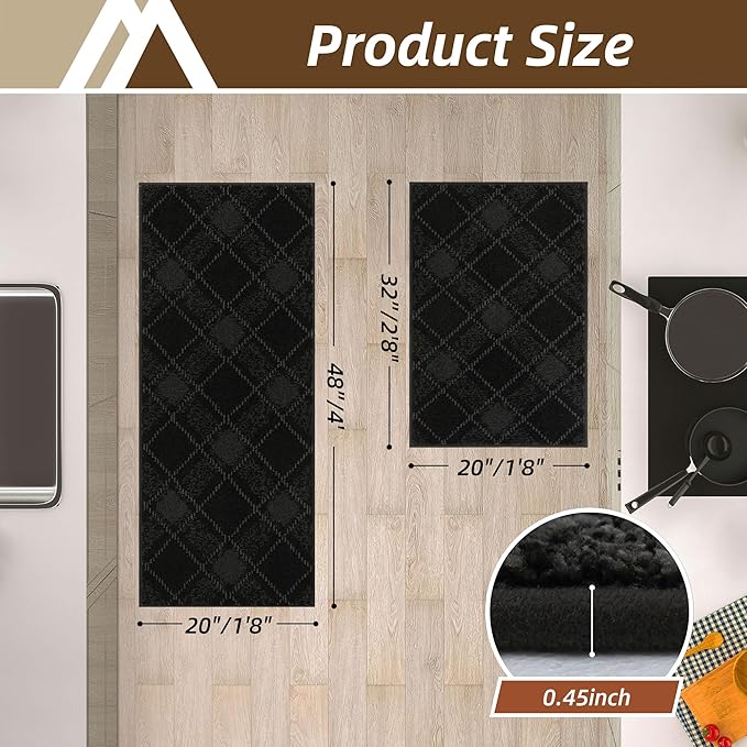 COSY HOMEER Kitchen Rugs and Mats Sets 2PCS Non-Slip Soft Kitchen Mats for Floor Absorbent and Stain Resistant Kitchen Floor Mat Washable Plaid Rugs for Kitchen,20"x32"+20"x48",Black