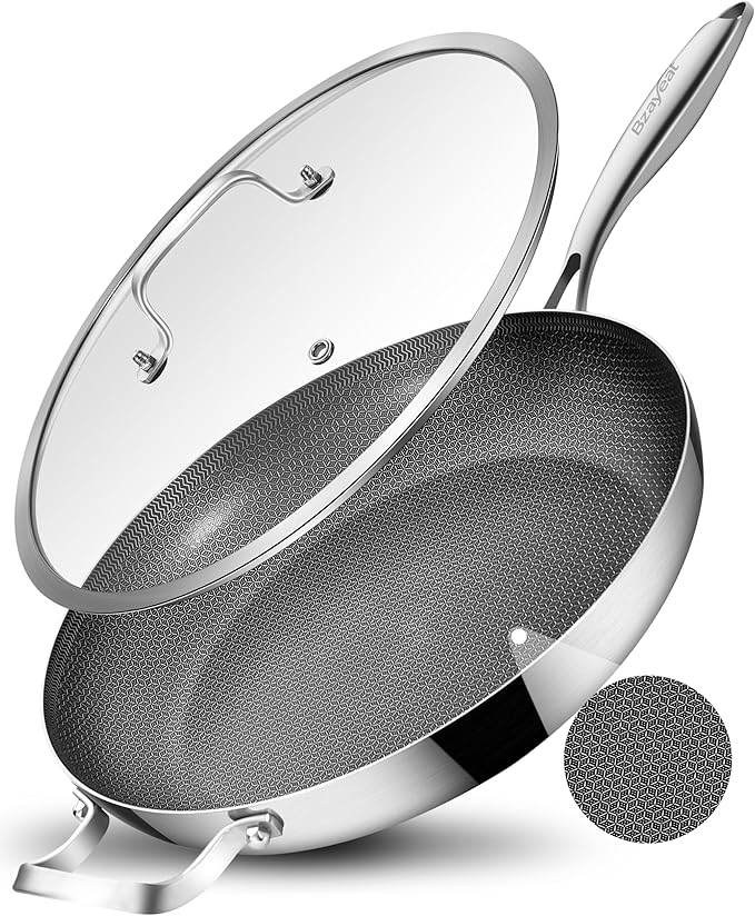 Bzayeat 12 Inch Non-Stick Ceramic Stainless Steel Frying Pan - With Lid & Helper Handle, Induction Compatible Skillet, Dishwasher & Oven Safe Up to 600°F, Detachable Handle, Perfect for 4 People