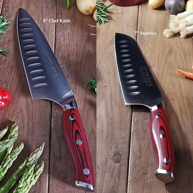Ergo Chef CRIMSON Series Bamboo Block Knife Set Forged High Carbon X50CrMoV15 German Stainless-Steel, Full Tang, Durable G10 Handles (10pc. Block Set)