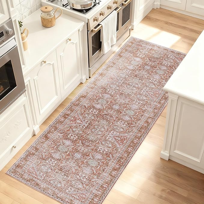 Kuden 2'6"x12 Runner Rug, Machine Washable Area Rug with Non-Slip Backing, Vintage Style, Soft, Easy Clean, Low Pile Rug for Hallway, Entryway, Kitchen, Bedroom