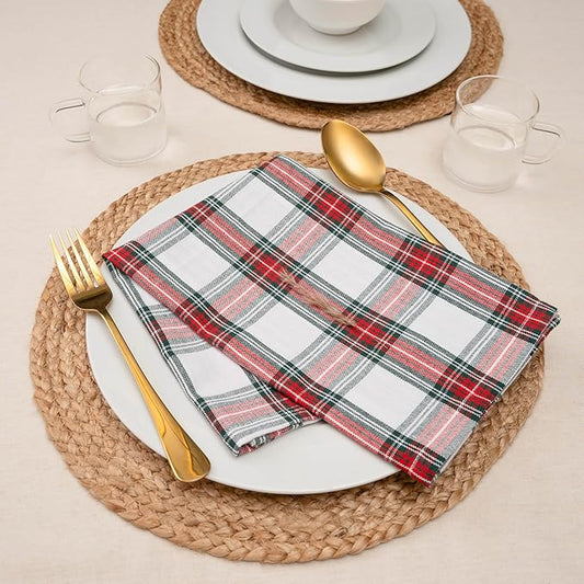 Blue Needles Gingham Buffalo Plaid Cloth Napkins 100% Cotton Set of 12 Dinner Table Christmas Napkins 18x18 inch Soft, Reusable & Washable Perfect for Parties & Everyday Use - Christmas White Red