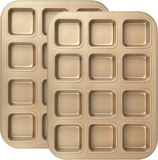 Tiawudi 2 Pack Brownie Pan, Non-stick Bakeware for Bread and Loaf, Heavy Duty Carbon Steel Mini Muffin Pan, 12-Cavity
