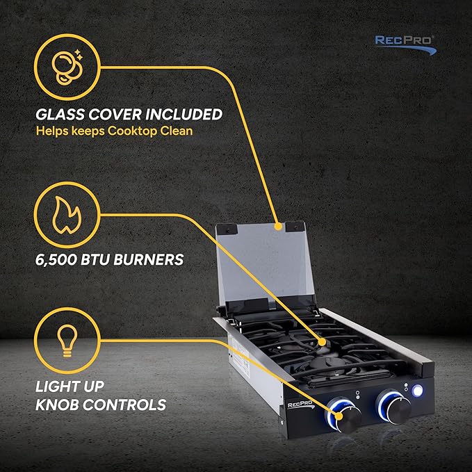 RecPro RV Built In Gas Cooktop | 2 Burner or 3 Burner | RV Cooktop Stove | 6,500 and 8,000 BTU Burners | Cover Included (Black, 2-Burner)