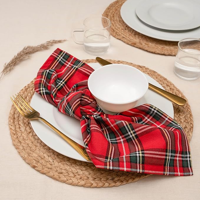 Blue Needles Buffalo Plaid Christmas Napkins - 100% Cotton Set of 12 Gingham Cloth Napkins 18x18 inches - Soft, Reusable & Washable, Ideal for Valentine's Parties & Everyday Use - Christmas Multi Red