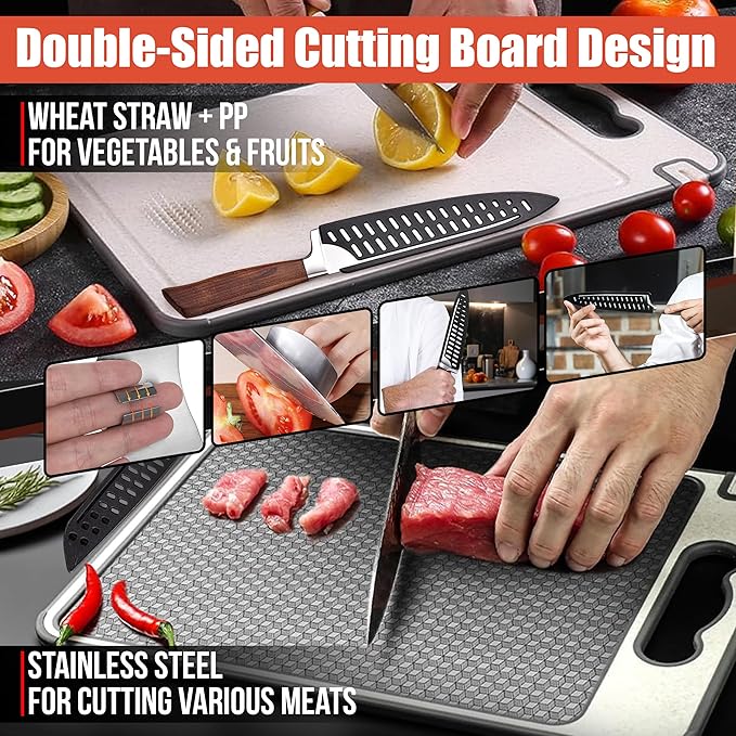 Pure 316 Stainless Steel Cutting Board Full Kit | Non-Toxic Scratch Resistant Chopping Boards for Kitchen | Dual Sided Metal & Wheat Straw with Knife Guards & Sharpener, Finger Guard, Juice Groove